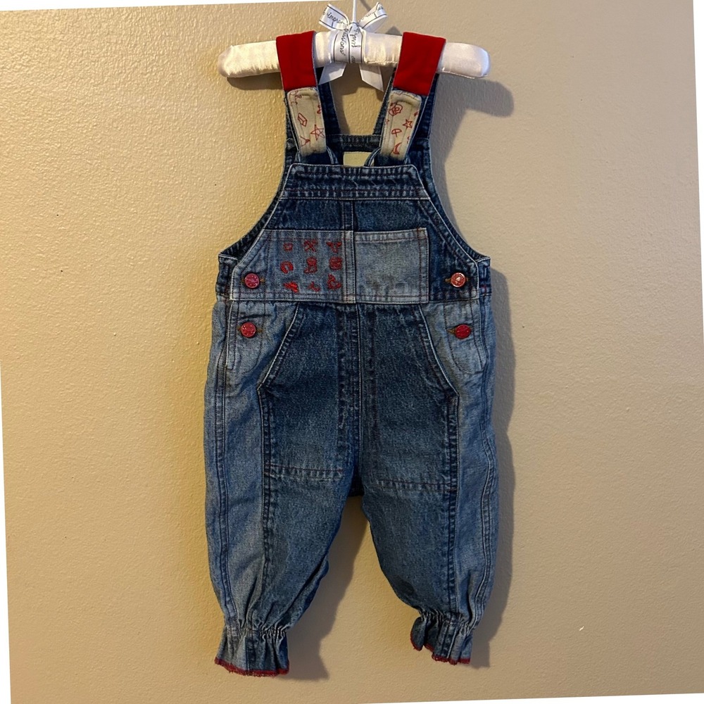 Vintage Baby Overalls Denim Patchwork Boys Embroidered Red Cotton